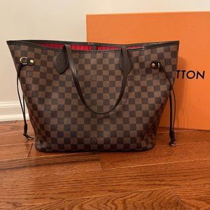 Authentic Louis Vuitton Neverfull MM—Damier Ebene w/ Red Interior & Pouch